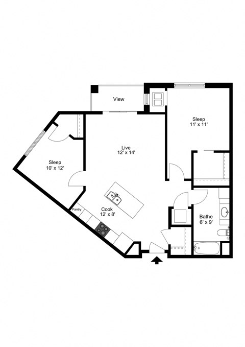 Floor plan for 2 beds, 1 bath, 994 sqft